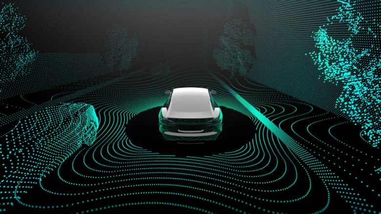 Illustration of a car surrounded by the point cloud of the road, trees and a parked vehicle
