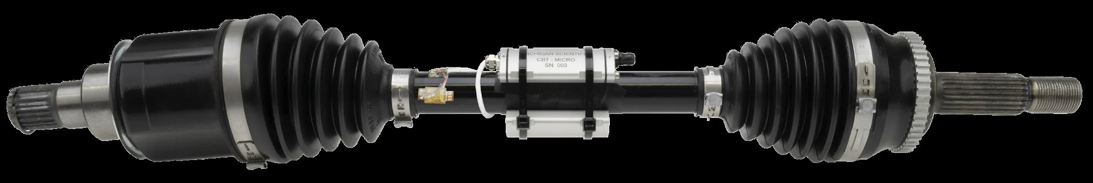 CBT-micro on an automotive half shaft, with the strain gage bridge and the counterweight
