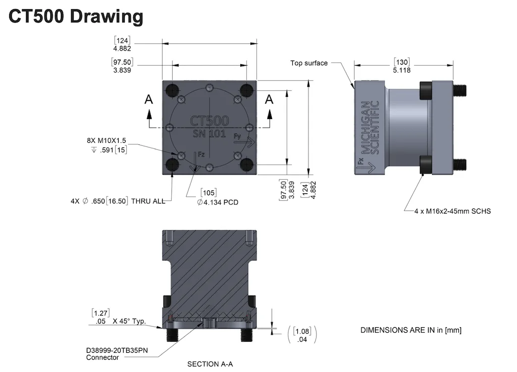 Dimensional drawing of the CT500 load cell: 124 mm square face, 130 mm deep, with its mounting bolts and connector