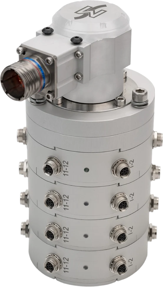 Four stacked MUX modules under an SR10AW/WFT slip ring with 1024 ppr encoder, on the MUX-ENC-ADA base