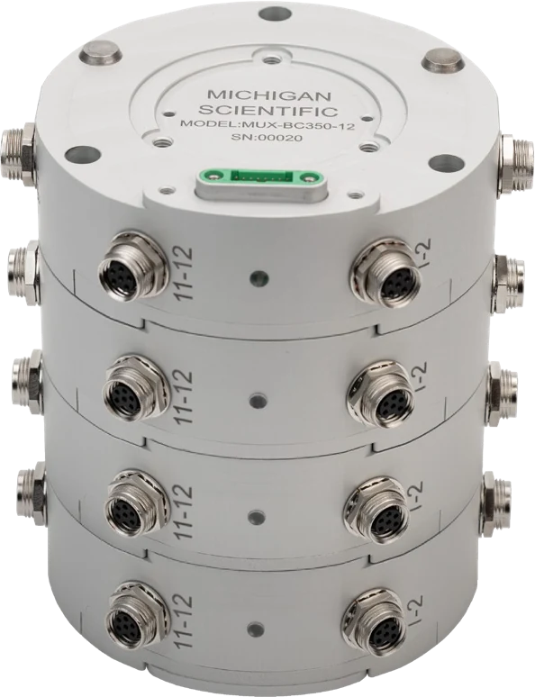 Four MUX-BC350-12 modules stacked for 48 synchronized channels