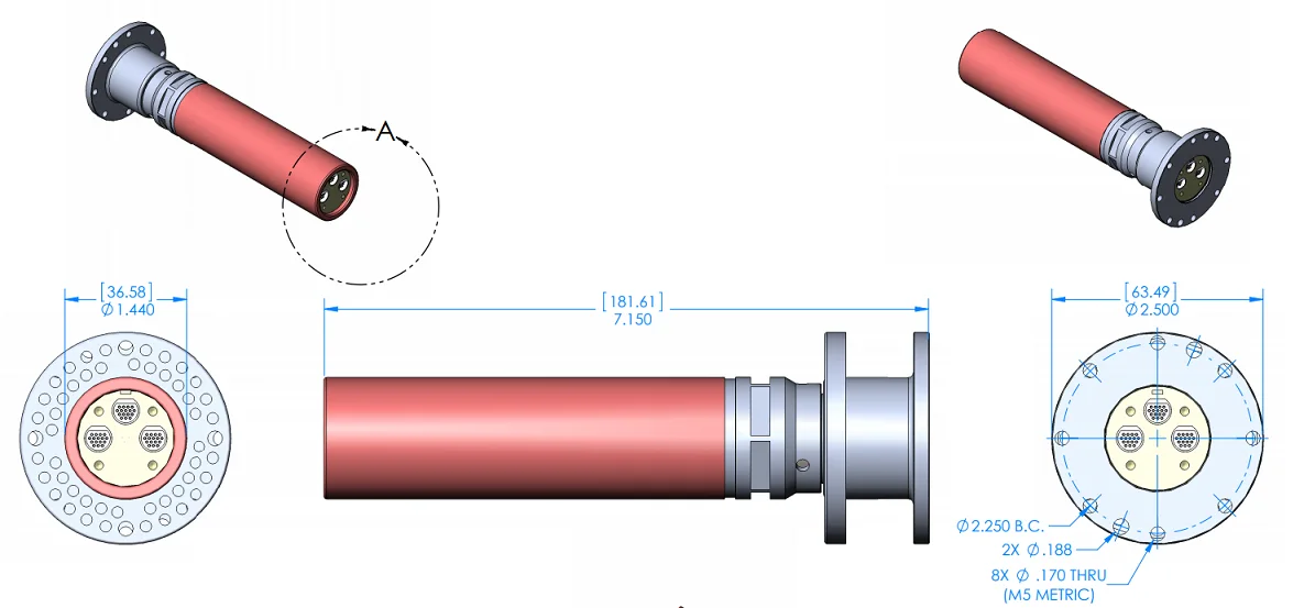 Dimensional drawing of the SR45A-AXHS slip ring, 181.61 mm long, with its flange and the circular connectors on both ends
