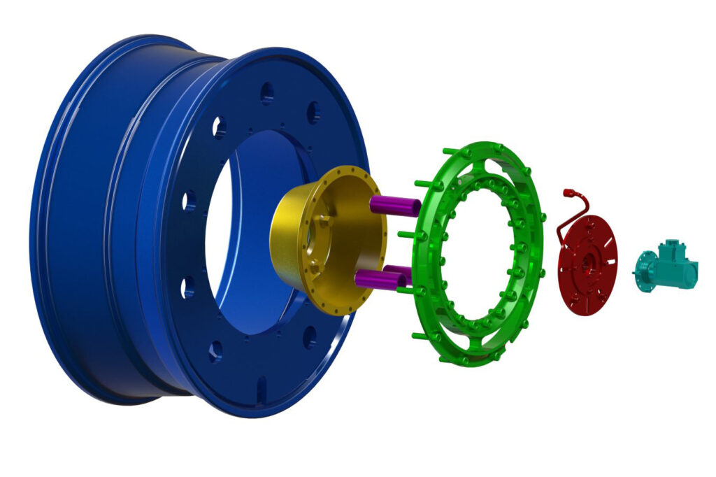 Exploded CAD view of a wheel force transducer assembly with its rim and adapters