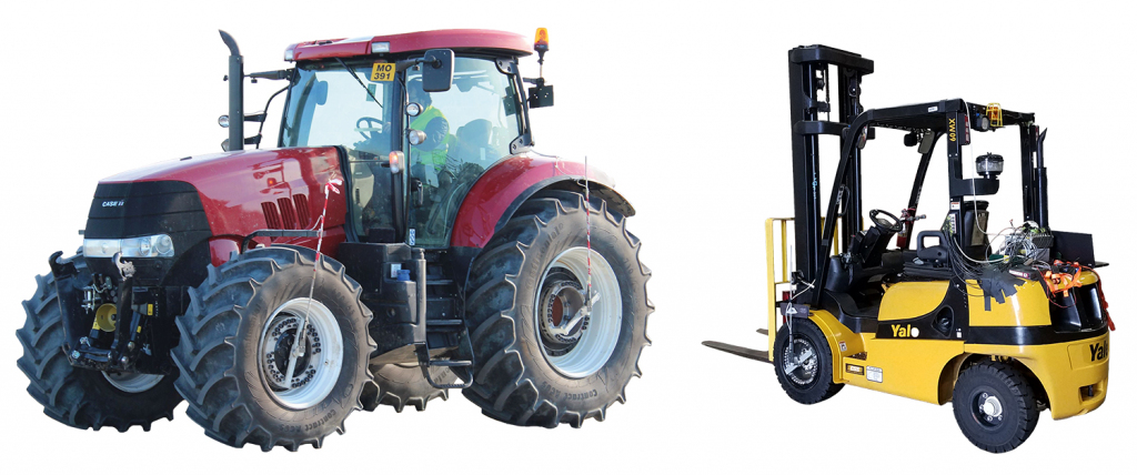 Tractor and forklift truck fitted with wheel force transducers