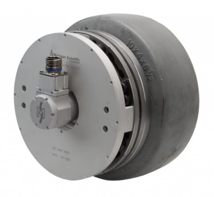 LW55 wheel force transducer on a small wheel, with its outboard slip ring and amplifier package