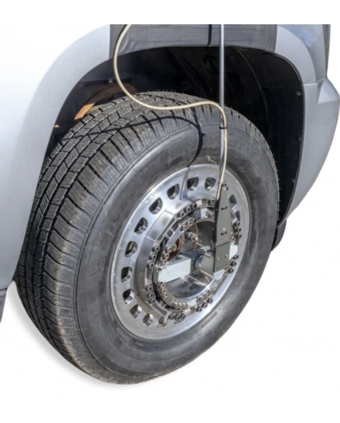 LW65 wheel force transducer on an SUV front wheel, with its slip ring and cable